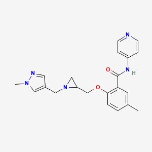 molecular formula C21H23N5O2 B2802390 5-Methyl-2-[[1-[(1-methylpyrazol-4-yl)methyl]aziridin-2-yl]methoxy]-N-pyridin-4-ylbenzamide CAS No. 2418703-69-0