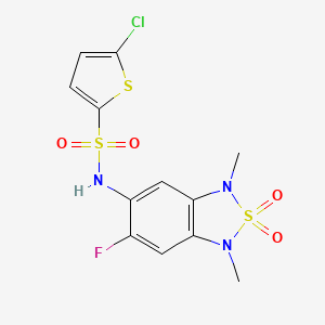 molecular formula C12H11ClFN3O4S3 B2802465 5-chloro-N-(6-fluoro-1,3-dimethyl-2,2-dioxido-1,3-dihydrobenzo[c][1,2,5]thiadiazol-5-yl)thiophene-2-sulfonamide CAS No. 2034262-57-0