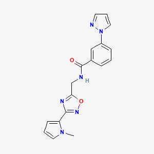 molecular formula C18H16N6O2 B2802480 N-((3-(1-methyl-1H-pyrrol-2-yl)-1,2,4-oxadiazol-5-yl)methyl)-3-(1H-pyrazol-1-yl)benzamide CAS No. 2034508-73-9