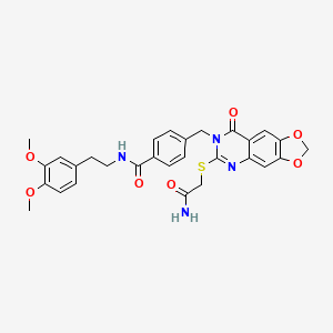 molecular formula C29H28N4O7S B2802541 4-((6-((2-amino-2-oxoethyl)thio)-8-oxo-[1,3]dioxolo[4,5-g]quinazolin-7(8H)-yl)methyl)-N-(3,4-dimethoxyphenethyl)benzamide CAS No. 688062-26-2