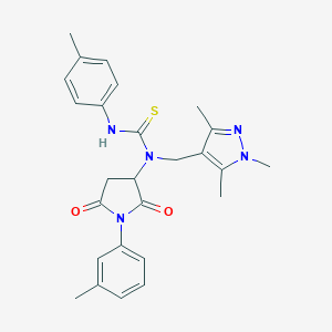 molecular formula C26H29N5O2S B280256 N'-(4-METHYLPHENYL)-N-[1-(3-METHYLPHENYL)-2,5-DIOXOTETRAHYDRO-1H-PYRROL-3-YL]-N-[(1,3,5-TRIMETHYL-1H-PYRAZOL-4-YL)METHYL]THIOUREA 