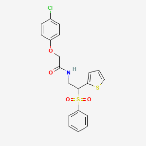 molecular formula C20H18ClNO4S2 B2802566 2-(4-chlorophenoxy)-N-(2-(phenylsulfonyl)-2-(thiophen-2-yl)ethyl)acetamide CAS No. 896332-69-7