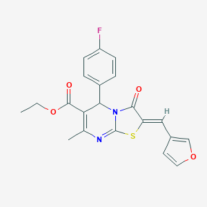 molecular formula C21H17FN2O4S B280273 ETHYL 5-(4-FLUOROPHENYL)-2-[(Z)-1-(3-FURYL)METHYLIDENE]-7-METHYL-3-OXO-5H-[1,3]THIAZOLO[3,2-A]PYRIMIDINE-6(3H)-CARBOXYLATE 