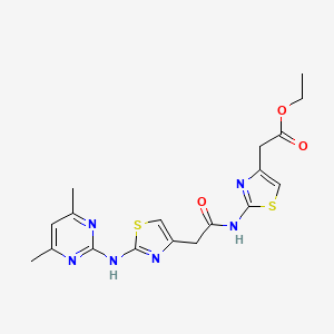 molecular formula C18H20N6O3S2 B2802742 Ethyl 2-(2-(2-(2-((4,6-dimethylpyrimidin-2-yl)amino)thiazol-4-yl)acetamido)thiazol-4-yl)acetate CAS No. 1226445-31-3