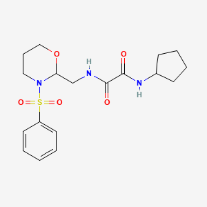 molecular formula C18H25N3O5S B2802794 N'-{[3-(benzenesulfonyl)-1,3-oxazinan-2-yl]methyl}-N-cyclopentylethanediamide CAS No. 872880-95-0
