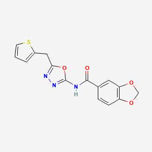 molecular formula C15H11N3O4S B2802826 N-(5-(thiophen-2-ylmethyl)-1,3,4-oxadiazol-2-yl)benzo[d][1,3]dioxole-5-carboxamide CAS No. 1021052-15-2
