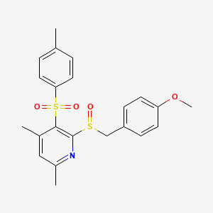 molecular formula C22H23NO4S2 B2802925 2-[(4-Methoxybenzyl)sulfinyl]-4,6-dimethyl-3-pyridinyl 4-methylphenyl sulfone CAS No. 477762-77-9
