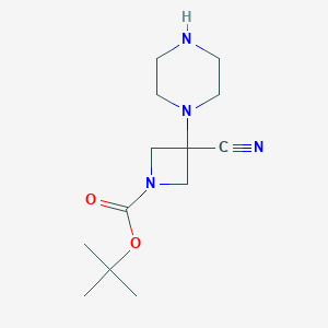 molecular formula C13H22N4O2 B2802981 Tert-butyl 3-cyano-3-(piperazin-1-yl)azetidine-1-carboxylate CAS No. 1510918-82-7