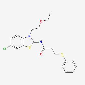 molecular formula C20H21ClN2O2S2 B2803070 N-[(2Z)-6-chloro-3-(2-ethoxyethyl)-2,3-dihydro-1,3-benzothiazol-2-ylidene]-3-(phenylsulfanyl)propanamide CAS No. 865174-45-4