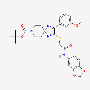 molecular formula C28H32N4O6S B2803202 TERT-BUTYL 2-({[(2H-1,3-BENZODIOXOL-5-YL)CARBAMOYL]METHYL}SULFANYL)-3-(3-METHOXYPHENYL)-1,4,8-TRIAZASPIRO[4.5]DECA-1,3-DIENE-8-CARBOXYLATE CAS No. 1223921-17-2