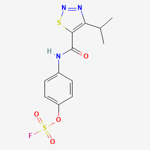 molecular formula C12H12FN3O4S2 B2803246 5-[(4-Fluorosulfonyloxyphenyl)carbamoyl]-4-propan-2-ylthiadiazole CAS No. 2411200-82-1