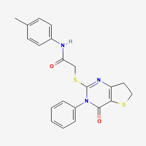 molecular formula C21H19N3O2S2 B2803336 2-((4-oxo-3-phenyl-3,4,6,7-tetrahydrothieno[3,2-d]pyrimidin-2-yl)thio)-N-(p-tolyl)acetamide CAS No. 686770-32-1