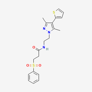 molecular formula C20H23N3O3S2 B2803526 N-(2-(3,5-dimethyl-4-(thiophen-2-yl)-1H-pyrazol-1-yl)ethyl)-3-(phenylsulfonyl)propanamide CAS No. 2034373-51-6