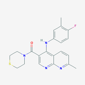 molecular formula C21H21FN4OS B2803597 (4-((4-氟-3-甲基苯基)氨基)-7-甲基-1,8-萘啶-3-基)(硫代吗啉基)甲酮 CAS No. 1251619-79-0