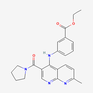 molecular formula C23H24N4O3 B2803612 Ethyl 3-((7-methyl-3-(pyrrolidine-1-carbonyl)-1,8-naphthyridin-4-yl)amino)benzoate CAS No. 1251689-23-2