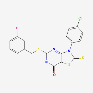 molecular formula C18H11ClFN3OS3 B2803706 3-(4-chlorophenyl)-5-{[(3-fluorophenyl)methyl]sulfanyl}-2-sulfanylidene-2H,3H,6H,7H-[1,3]thiazolo[4,5-d]pyrimidin-7-one CAS No. 1114633-44-1