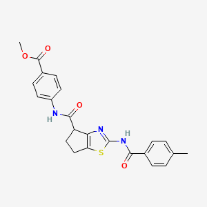 molecular formula C23H21N3O4S B2803711 methyl 4-(2-(4-methylbenzamido)-5,6-dihydro-4H-cyclopenta[d]thiazole-4-carboxamido)benzoate CAS No. 942005-10-9