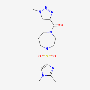 molecular formula C14H21N7O3S B2803776 (4-((1,2-dimethyl-1H-imidazol-4-yl)sulfonyl)-1,4-diazepan-1-yl)(1-methyl-1H-1,2,3-triazol-4-yl)methanone CAS No. 1904279-34-0