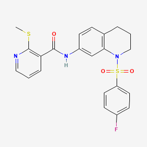 molecular formula C22H20FN3O3S2 B2803856 N-(1-((4-fluorophenyl)sulfonyl)-1,2,3,4-tetrahydroquinolin-7-yl)-2-(methylthio)nicotinamide CAS No. 1210247-99-6
