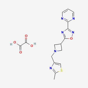 molecular formula C16H16N6O5S B2803890 5-(1-((2-Methylthiazol-4-yl)methyl)azetidin-3-yl)-3-(pyrimidin-2-yl)-1,2,4-oxadiazole oxalate CAS No. 1351596-31-0