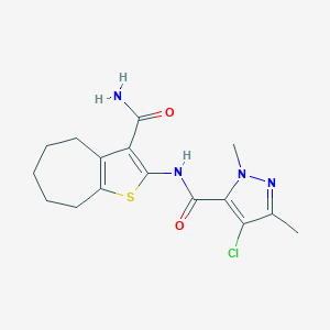 molecular formula C16H19ClN4O2S B280393 N-[3-(AMINOCARBONYL)-5,6,7,8-TETRAHYDRO-4H-CYCLOHEPTA[B]THIOPHEN-2-YL]-4-CHLORO-1,3-DIMETHYL-1H-PYRAZOLE-5-CARBOXAMIDE 