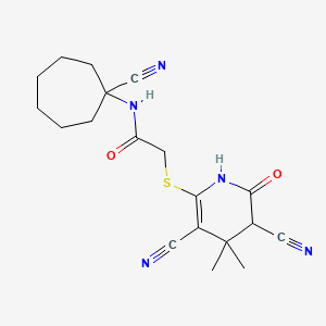 molecular formula C19H23N5O2S B2803984 N-(1-cyanocycloheptyl)-2-[(3,5-dicyano-4,4-dimethyl-6-oxo-1,4,5,6-tetrahydropyridin-2-yl)sulfanyl]acetamide CAS No. 949741-82-6