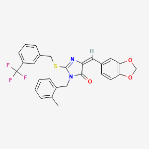 molecular formula C27H21F3N2O3S B2804320 (4E)-4-[(2H-1,3-benzodioxol-5-yl)methylidene]-1-[(2-methylphenyl)methyl]-2-({[3-(trifluoromethyl)phenyl]methyl}sulfanyl)-4,5-dihydro-1H-imidazol-5-one CAS No. 860651-13-4