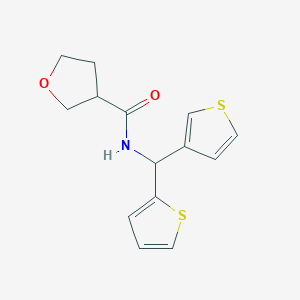 molecular formula C14H15NO2S2 B2804380 N-[(thiophen-2-yl)(thiophen-3-yl)methyl]oxolane-3-carboxamide CAS No. 2034381-71-8