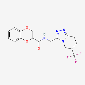 molecular formula C17H17F3N4O3 B2804609 N-((6-(trifluoromethyl)-5,6,7,8-tetrahydro-[1,2,4]triazolo[4,3-a]pyridin-3-yl)methyl)-2,3-dihydrobenzo[b][1,4]dioxine-2-carboxamide CAS No. 2034538-19-5