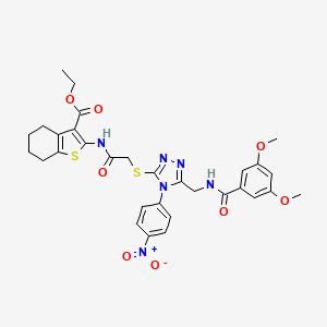 molecular formula C31H32N6O8S2 B2804676 ethyl 2-{2-[(5-{[(3,5-dimethoxyphenyl)formamido]methyl}-4-(4-nitrophenyl)-4H-1,2,4-triazol-3-yl)sulfanyl]acetamido}-4,5,6,7-tetrahydro-1-benzothiophene-3-carboxylate CAS No. 393850-98-1