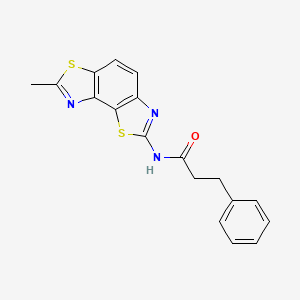 molecular formula C18H15N3OS2 B2804726 N-{11-methyl-3,10-dithia-5,12-diazatricyclo[7.3.0.0^{2,6}]dodeca-1(9),2(6),4,7,11-pentaen-4-yl}-3-phenylpropanamide CAS No. 394227-95-3