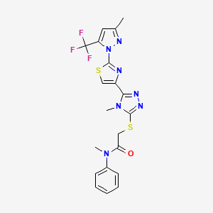molecular formula C20H18F3N7OS2 B2804853 N-methyl-2-[(4-methyl-5-{2-[3-methyl-5-(trifluoromethyl)-1H-pyrazol-1-yl]-1,3-thiazol-4-yl}-4H-1,2,4-triazol-3-yl)sulfanyl]-N-phenylacetamide CAS No. 956263-82-4