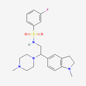 molecular formula C22H29FN4O2S B2804884 3-fluoro-N-(2-(1-methylindolin-5-yl)-2-(4-methylpiperazin-1-yl)ethyl)benzenesulfonamide CAS No. 946242-06-4