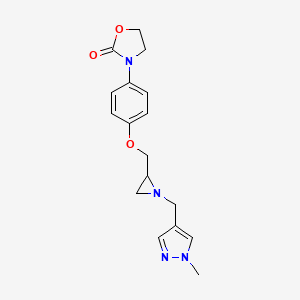 molecular formula C17H20N4O3 B2805069 3-[4-[[1-[(1-Methylpyrazol-4-yl)methyl]aziridin-2-yl]methoxy]phenyl]-1,3-oxazolidin-2-one CAS No. 2418678-06-3