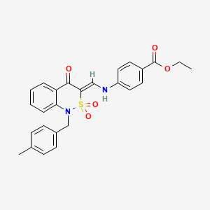 molecular formula C26H24N2O5S B2805110 ethyl 4-({(Z)-[1-(4-methylbenzyl)-2,2-dioxido-4-oxo-1,4-dihydro-3H-2,1-benzothiazin-3-ylidene]methyl}amino)benzoate CAS No. 892289-40-6