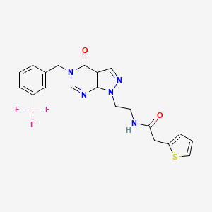 molecular formula C21H18F3N5O2S B2805290 N-(2-(4-oxo-5-(3-(trifluoromethyl)benzyl)-4,5-dihydro-1H-pyrazolo[3,4-d]pyrimidin-1-yl)ethyl)-2-(thiophen-2-yl)acetamide CAS No. 921989-01-7