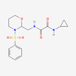 molecular formula C16H21N3O5S B2805552 N'-{[3-(benzenesulfonyl)-1,3-oxazinan-2-yl]methyl}-N-cyclopropylethanediamide CAS No. 872881-34-0
