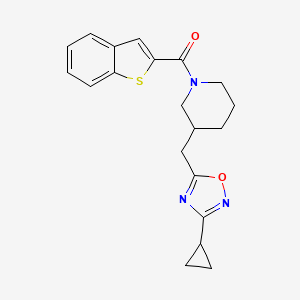 molecular formula C20H21N3O2S B2805567 Benzo[b]thiophen-2-yl(3-((3-cyclopropyl-1,2,4-oxadiazol-5-yl)methyl)piperidin-1-yl)methanone CAS No. 1706316-91-7