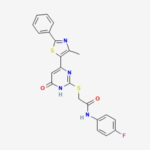 molecular formula C22H17FN4O2S2 B2805728 N-(4-fluorophenyl)-2-{[4-(4-methyl-2-phenyl-1,3-thiazol-5-yl)-6-oxo-1,6-dihydropyrimidin-2-yl]sulfanyl}acetamide CAS No. 1116065-55-4