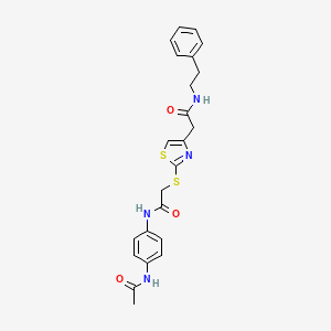 molecular formula C23H24N4O3S2 B2805825 N-(4-acetamidophenyl)-2-((4-(2-oxo-2-(phenethylamino)ethyl)thiazol-2-yl)thio)acetamide CAS No. 941891-87-8