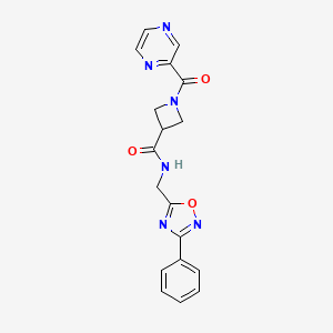 molecular formula C18H16N6O3 B2805909 N-[(3-phenyl-1,2,4-oxadiazol-5-yl)methyl]-1-(pyrazine-2-carbonyl)azetidine-3-carboxamide CAS No. 1396865-62-5