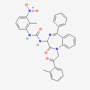 molecular formula C32H27N5O5 B2806288 N-(2,5-diaza-2-(2-(2-methylphenyl)-2-oxoethyl)-3-oxo-6-phenylbicyclo[5.4.0]undeca-1(7),5,8,10-tetraen-4-yl)((2-methyl-3-nitrophenyl)amino)formamide CAS No. 1796922-90-1
