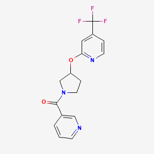 molecular formula C16H14F3N3O2 B2806537 Pyridin-3-yl(3-((4-(trifluoromethyl)pyridin-2-yl)oxy)pyrrolidin-1-yl)methanone CAS No. 2034318-83-5