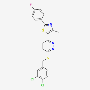 molecular formula C21H14Cl2FN3S2 B2806689 3-{[(3,4-dichlorophenyl)methyl]sulfanyl}-6-[2-(4-fluorophenyl)-4-methyl-1,3-thiazol-5-yl]pyridazine CAS No. 923679-49-6