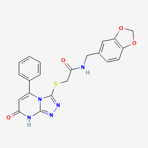 molecular formula C21H17N5O4S B2806693 N-[(2H-1,3-benzodioxol-5-yl)methyl]-2-({7-oxo-5-phenyl-7H,8H-[1,2,4]triazolo[4,3-a]pyrimidin-3-yl}sulfanyl)acetamide CAS No. 894998-30-2