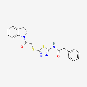 molecular formula C20H18N4O2S2 B2806769 N-(5-((2-(indolin-1-yl)-2-oxoethyl)thio)-1,3,4-thiadiazol-2-yl)-2-phenylacetamide CAS No. 392300-63-9