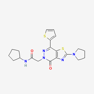 molecular formula C20H23N5O2S2 B2806770 N-cyclopentyl-2-(4-oxo-2-(pyrrolidin-1-yl)-7-(thiophen-2-yl)thiazolo[4,5-d]pyridazin-5(4H)-yl)acetamide CAS No. 1105233-18-8