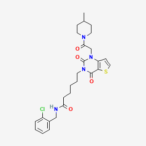 molecular formula C27H33ClN4O4S B2806865 N-[(2-chlorophenyl)methyl]-6-{1-[2-(4-methylpiperidin-1-yl)-2-oxoethyl]-2,4-dioxo-1H,2H,3H,4H-thieno[3,2-d]pyrimidin-3-yl}hexanamide CAS No. 865655-36-3