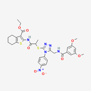 molecular formula C32H34N6O8S2 B2807086 ethyl 2-(2-((5-((3,5-dimethoxybenzamido)methyl)-4-(4-nitrophenyl)-4H-1,2,4-triazol-3-yl)thio)propanamido)-4,5,6,7-tetrahydrobenzo[b]thiophene-3-carboxylate CAS No. 393815-39-9