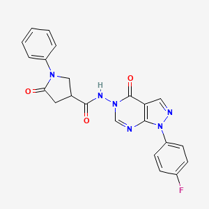 molecular formula C22H17FN6O3 B2807194 N-(1-(4-fluorophenyl)-4-oxo-1H-pyrazolo[3,4-d]pyrimidin-5(4H)-yl)-5-oxo-1-phenylpyrrolidine-3-carboxamide CAS No. 942007-51-4